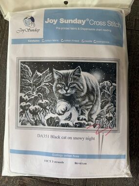 Snowy Night Cat Joy Sunday Pre-Printed Cross Stitch Kit 11ct Aida - NEW